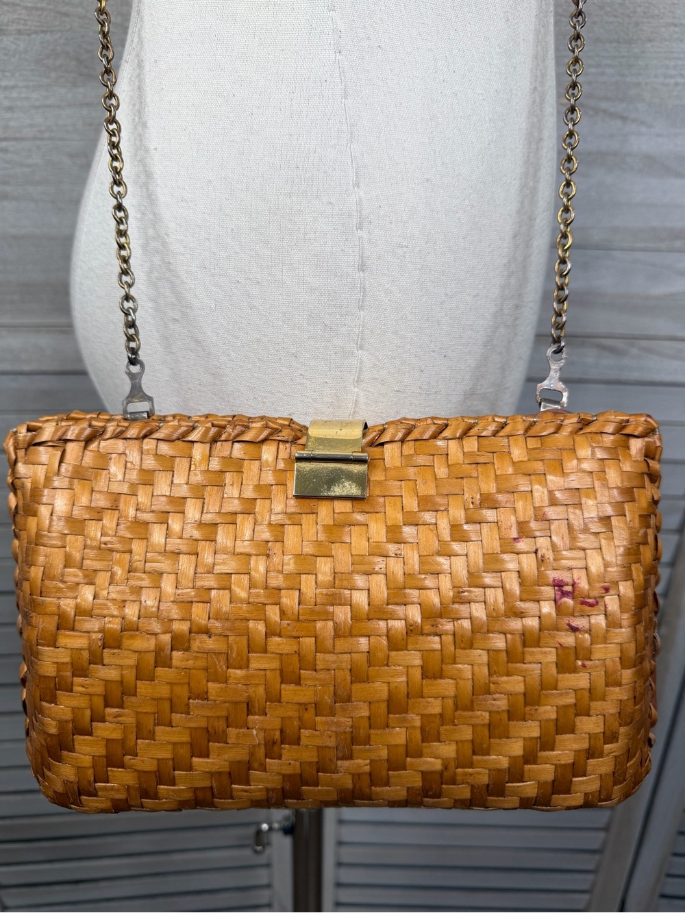 TANDEM BAGS OF CALIFORNIA Vintage 80's Woven Rattan Purse w Chain Shoulder Strap - Picture 5 of 7